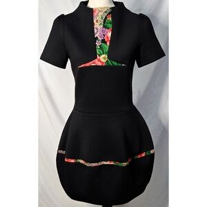 Cop Copine Scuba Dress Black Floral Vintage Y2K Structured A Line Short Sleeve
